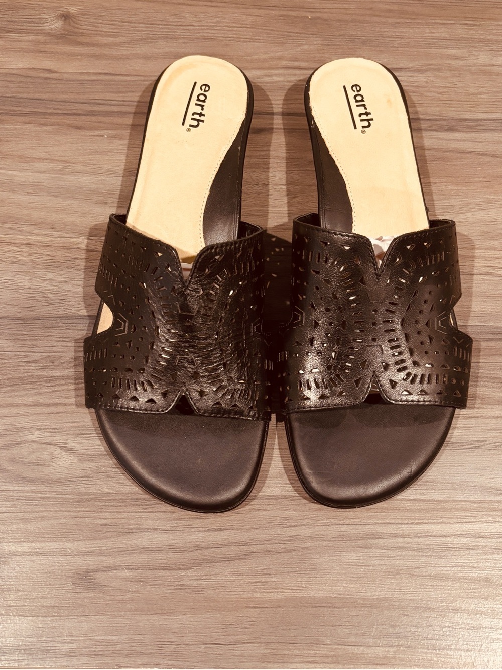 Earth Black Laser-Cut Slip-On Mules Casual Classic Summer Leather Comfy Stylish